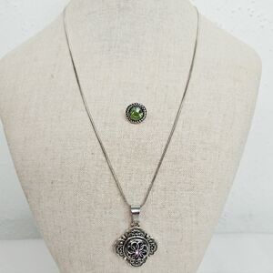 Rhinestone Medallion Snap Necklace with Green and Pink Rhinestone Flower Snaps